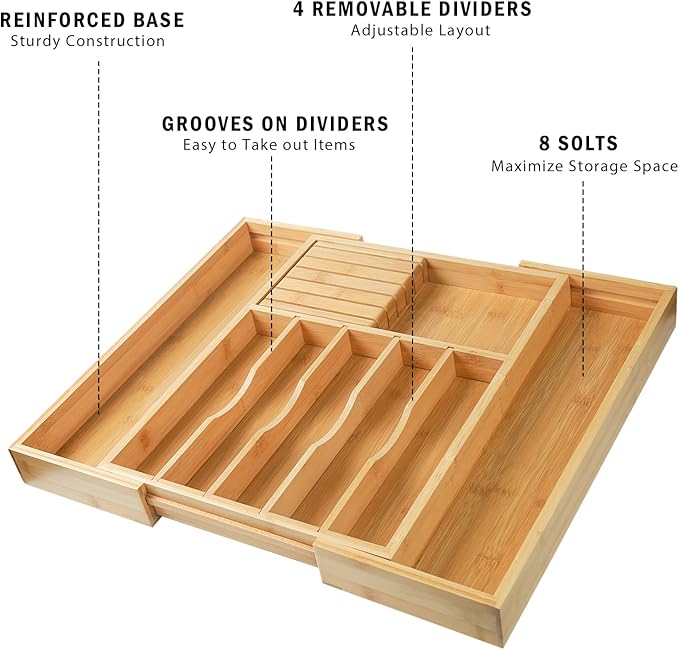 Wencrfat Silverware Drawer Organizer with Removable Knife Block and Dividers, Expandable Bamboo Kitchen Drawer Organizer, Flatware Utensil Cutlery Organizer for Drawer 8 Compartments