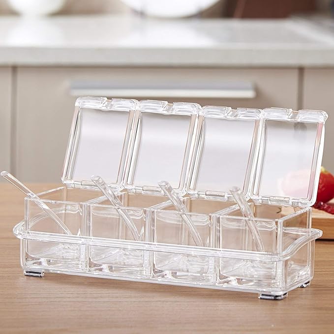 Clear Seasoning Rack Spice Pots by AIQI - 4 Piece Acrylic Seasoning Box - Storage Container Condiment Jars - Cruet with Cover and Spoon