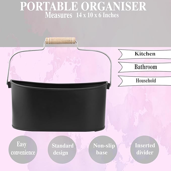 Alpha Living Home - Wooden Utensil Holder for Kitchen, Rustic Silverware Caddy with Handle – Galvanized Flatware Organizer for Forks, Spoons, Knives, Picnic, Countertop & Dining Table – Jet Black