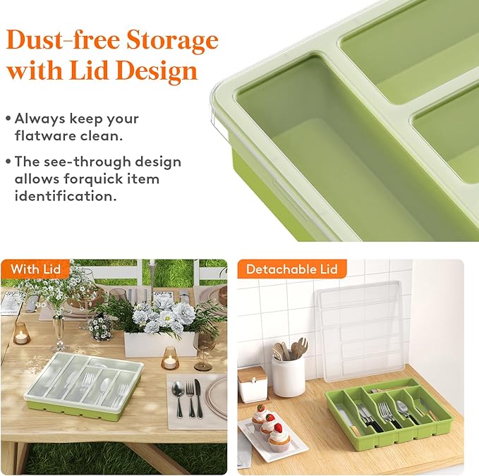 Lifewit Silverware Organizer with Lid, Covered Utensil Tray for Kitchen Drawer and Countertop, Plastic Cutlery and Flatware Storage Box for Spoons Forks Knives Holder Case, 6 Compartments, Green
