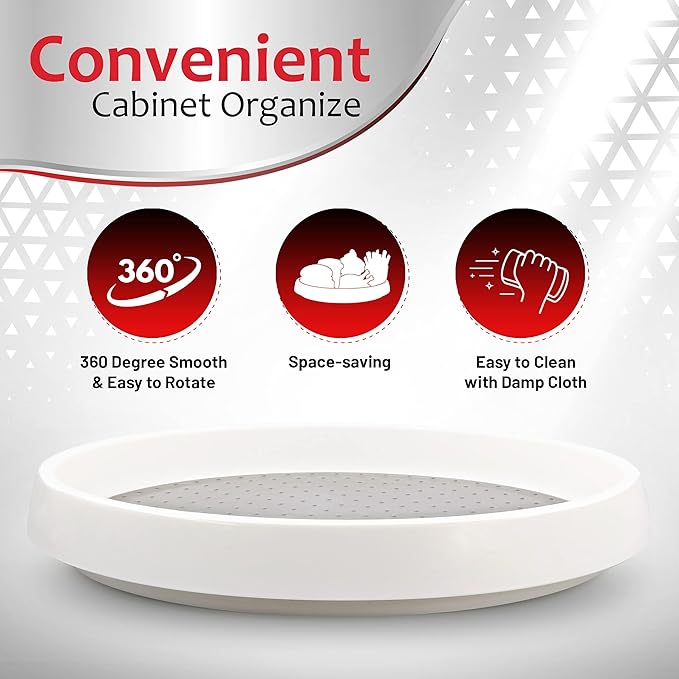 Lazy Susan Turntable 12 Inch, Non-Skid Lazy Susan Cabinet Organizer, 360 Degree Rotating Turn Table for Kitchen, Countertop, Pantry, Refrigerators, Vanity, White & Grey, Pack of 4 - by RamPro