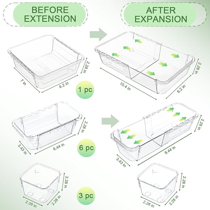 10 Pcs Clear Drawer Organizer, Adjustable Storage Bins (3 Sizes), Desk and Dresser Organizers for Makeup, Cosmetics, Kitchen Utensils, Bedroom, and Gadgets