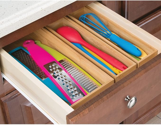 mDesign Drawer Organiser – Rectangular Bamboo Kitchen Drawer Divider – Stackable Drawer Separator for Cutlery and Kitchen Utensils – Set of 4 – Natural