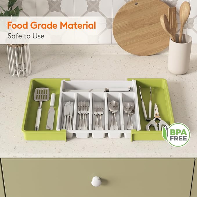 Lifewit Silverware Drawer Organizer, Expandable Utensil Tray for Kitchen, BPA Free Flatware and Cutlery Holder, Adjustable Plastic Storage for Spoons Forks Knives, 2 Pack, Green&White