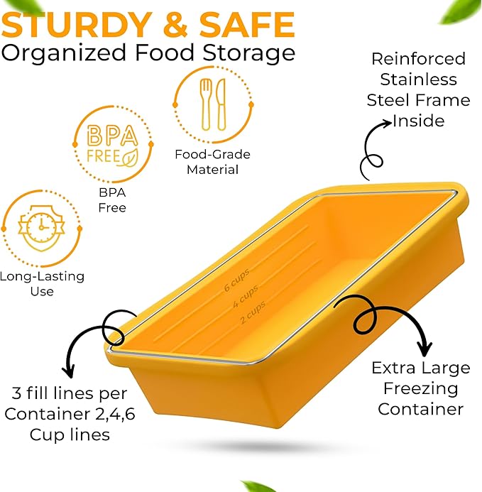 (2 Pack) Large Silicone Freezer Containers For Soup, Pasta Sauce, Leftovers, Broth & More - 6 Cup Reusable BPA Free Non Plastic Food Storage Freezing Ice Trays With Lids & Measurement Lines