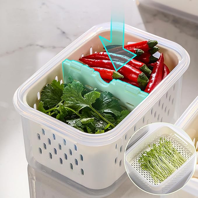 Upgraded Fresh Produce Vegetable Fruit Storage Containers,Large Fruit Containers for Fridge with Lid Vent Handle and Colander ,Keep Berry Fruit Vegetable Food Meat Fresh Longer (5)