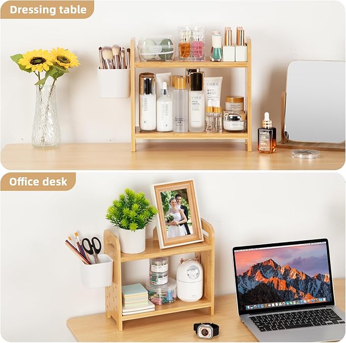 Spice Rack with Pegboard & Accessories for Kitchen Counter, Desk Organizer for Corner, Plants Rack 2-Tier, Kitchen Counter Shelf with Plastic Storage Box, Bamboo