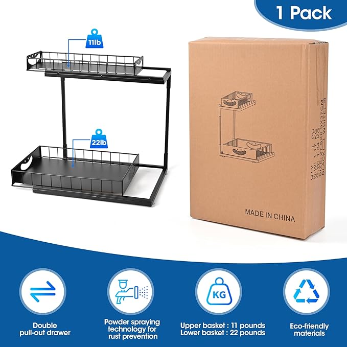 Under Kitchen Sink Organizers and Storage,2 Tier Sliding Cabinet Basket Organizer Drawer,Storage Shelves,Multi-Purpose Cabinet Organizers for Kitchen Bathroom.14.17X10.66 X 15.27In(Black,1Pack)