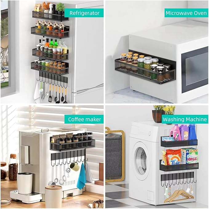 Magnetic Spice Rack for Refrigerator, 3 Pack Magnetic Shelf, Moveable Magnetic Fridge Organizer with 10-Hook Rack, Seasoning Organizer for Kitchen Organization and Storage