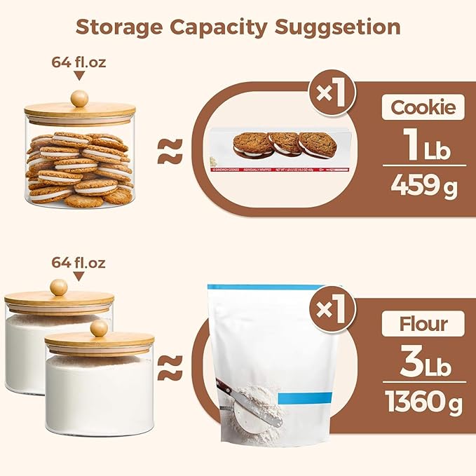 ComSaf Half Gallon Cookie Jar, Large Glass Jar with Lid Set of 2, 64 OZ Glass Food Storage Containers, Flour Sugar Storage Containers for Candy Cereal Nuts Beans, Canisters Sets for The Kitchen
