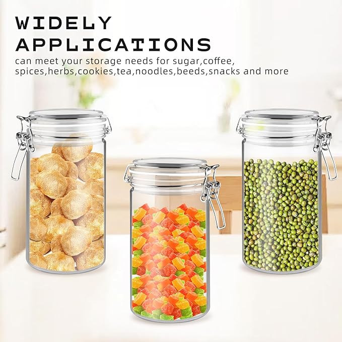 2 Pack 33OZ/1000ml Plastic Storage Containers with Lids Large Plastic Jar with Locking Clamp Acrylic Canisters For Nuts Sugar Coffee Candy Cookie Spices And More