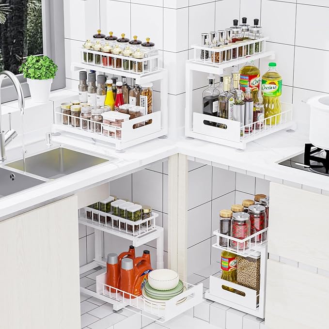 2 Pack Under Sink Organizer, 2-Tier Heavy Duty Metal Pull Out Cabinet Organizer Slide Out Sink Shelf Organizer Height Adustable, Multi-Purpose Storage Shelf for Kitchen Bathroom (White, 2 Pack)