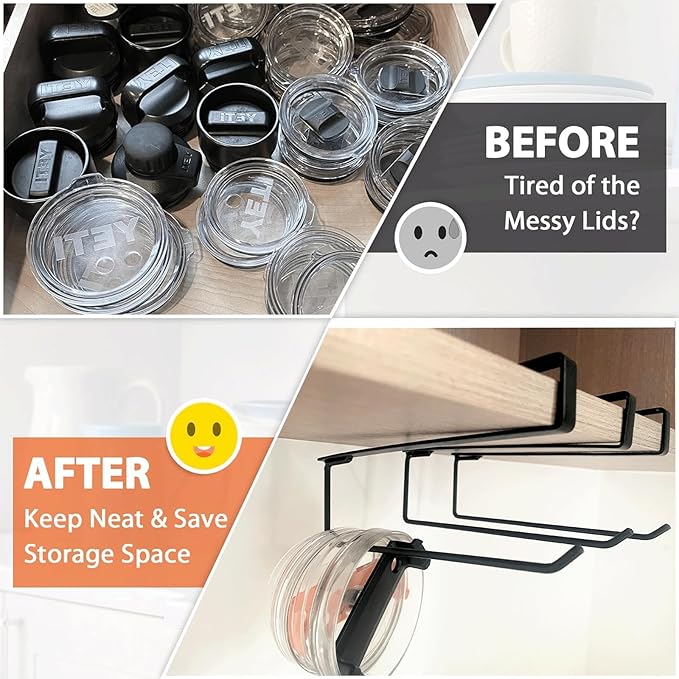 3 Pieces Tumbler Lid Storage Hook, No Install Cup Lid Organizers Inside Cabinet (No Screws, No Adhesive), Clip-On Cup Lid Organizer for Saves Kitchen Space (Black)