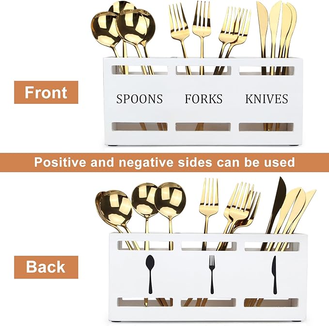 Wooden Silverware Cutlery Holder White Flatware Caddy Small Kitchen Utensil Holders for Party Wood Silverware Organizer Storage for Table Countertop Spoon and Fork Holder Utensils Caddy Basket