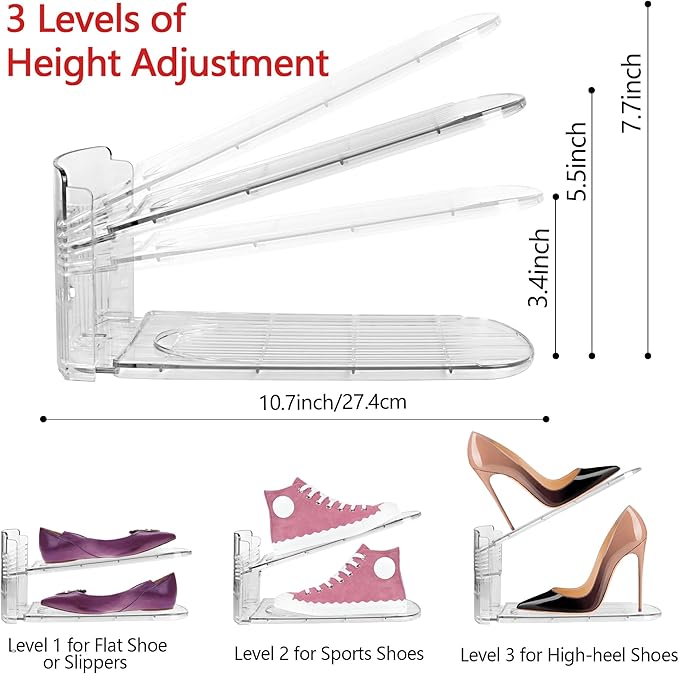 Yes!Fresh Shoe Slots Organizer, Boutique Display Style Shoe Stacker for A Pair of Shoes, Separable Shoe Rack for Closet Organization, 3 Adjustable Narrow Shoe Rack (Clear, 8 Pack)