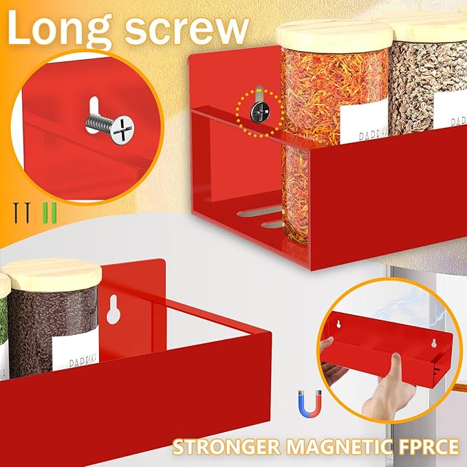 Magnetic Spice Rack Organizer for Fridge Seasoning Organizer for Kitchen storage with Screw or Adhesive Hanging,Magnetic Shelf with Hook for Refrigerator and Oven (Red, 4pack)