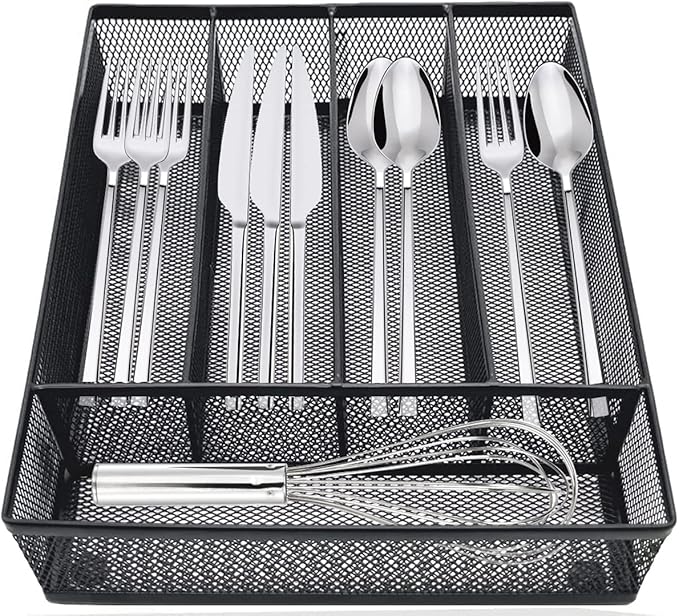 Silverware Tray for Drawer, Silverware Organizer, Metal Drawer Organizer Kitchen Utensils with Foam Feet Multi Compartments Cutlery Organizer in Drawer (BLACK)