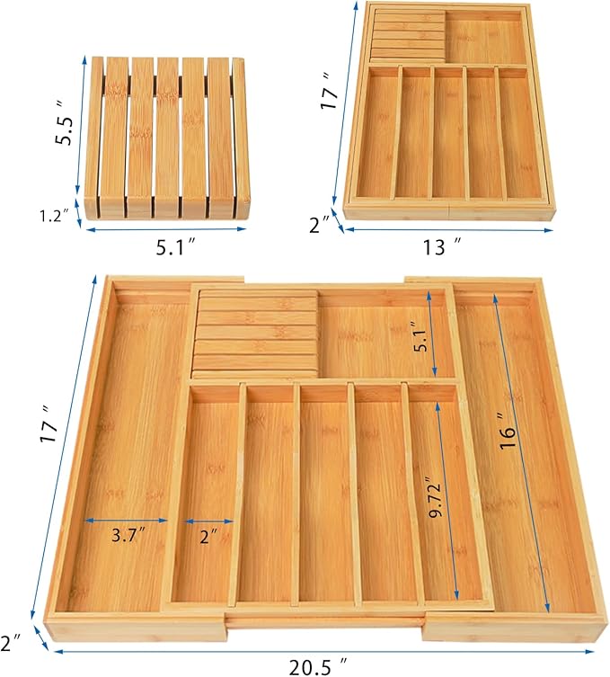 Wencrfat Silverware Drawer Organizer with Removable Knife Block and Dividers, Expandable Bamboo Kitchen Drawer Organizer, Flatware Utensil Cutlery Organizer for Drawer 8 Compartments