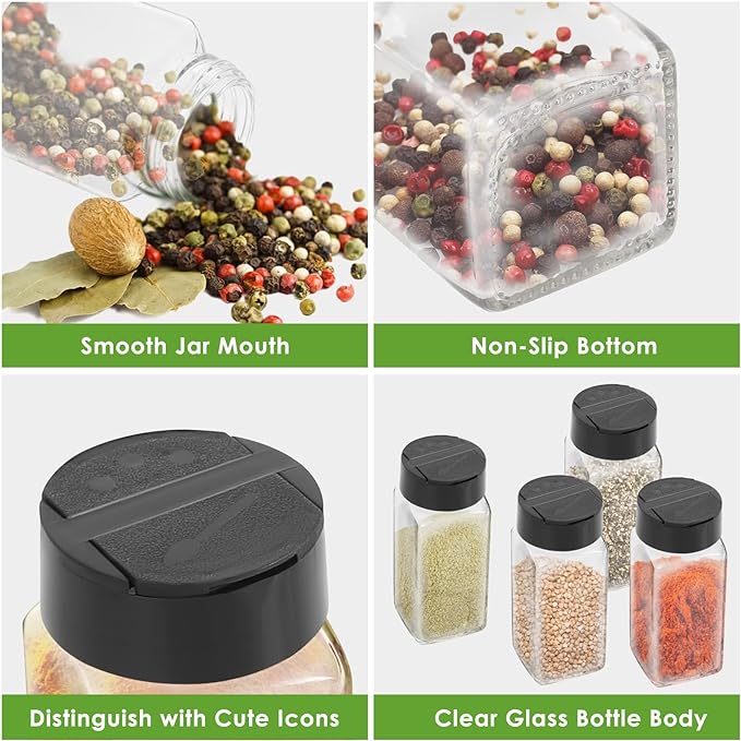 12 Pack Glass Spice Jars with Labels, 4oz Spices Containers Spice Jars with Black Shaker Lids, Empty Containers for Spice, Silicone Funnel and Pen Included