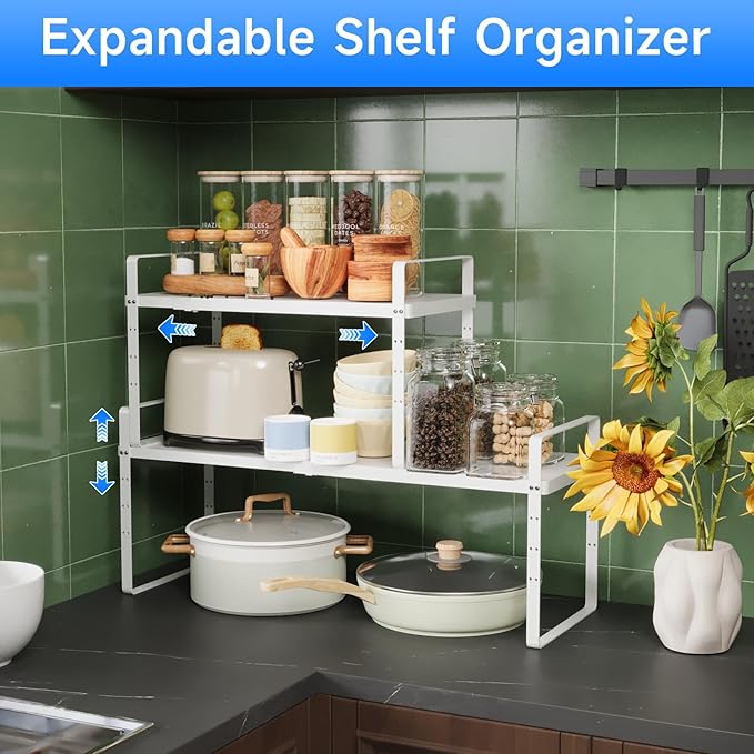 Expandable Cabinet Shelf Organizer, Stackable Kitchen Pantry Counter Storage, Adjustable Closet Cupboard Stand Rack Risers Spice Organization, 80LBS Heavy Duty, White 3 Pack