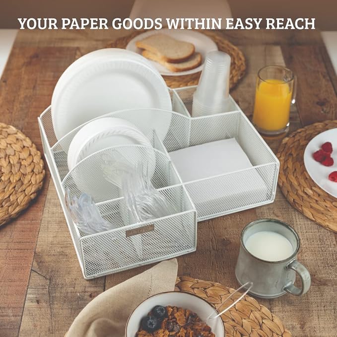 ELTOW Paper Plate Organizer for Countertop, 8 Compartment Breakroom Organizer, Utensil Caddy for Parties, Holds Plates, Silverware, Cups, Napkins, Cutlery Caddy Great for Home, RV - White