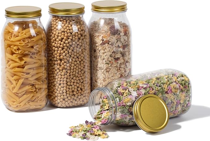 novelinks 4 Pack 64 OZ Plastic Wide Mouth Mason Jars with Airtight Lids - Wide Mouth Half Gallon Large Mason Jar 64 OZ Storage Canning Jar for Kitchen & Household Storage (Gold)