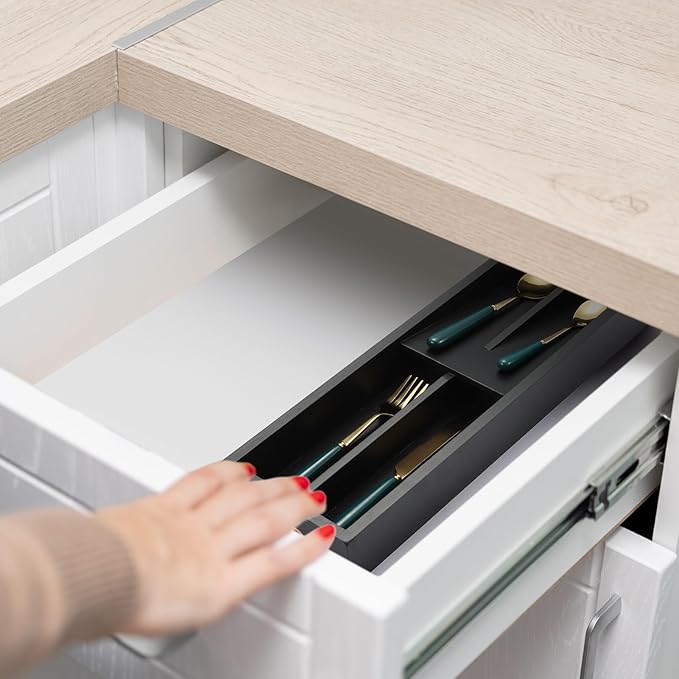Bamboo Silverware Drawer Organizer with Labels,Kitchen Small Narrow Utensil Drawer Organizer,Kitchen Utensil Tray Holder Organizer for Flatware,Cutlery,Spoon,Knives Drawer Organization (Black, Small)
