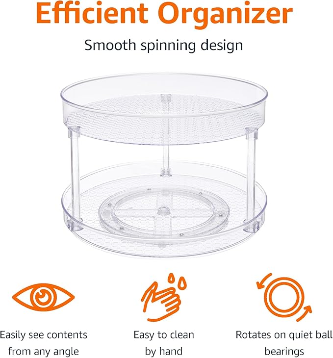Amazon Basics 2 Tier Lazy Susan Turntable Organizer, 12" Diameter, Clear