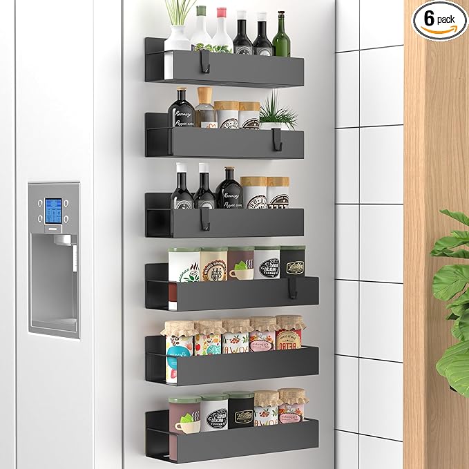 6 Pack Magnetic Spice Storage Rack Organizer for Refrigerator and Oven, Matt Black Fridge Organizers and Storage