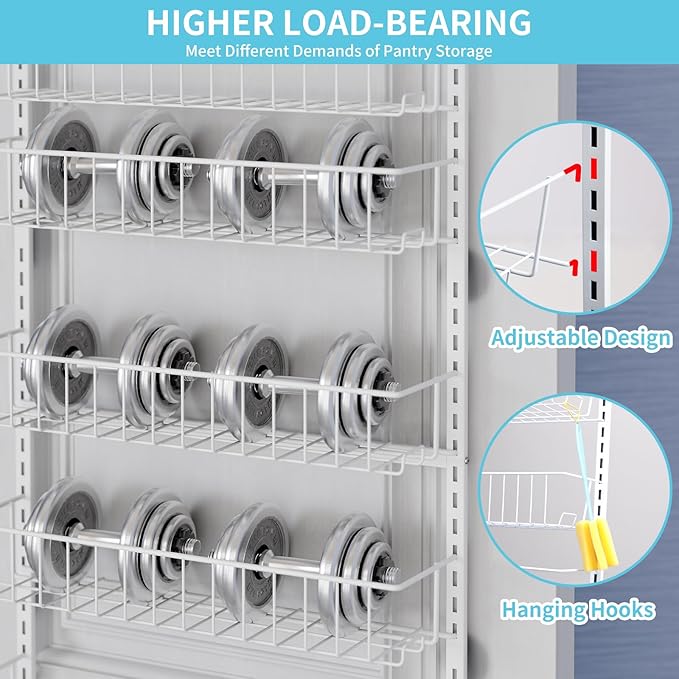 Fixwal 6-Tier Over the Door Pantry Organizer, Metal Hanging Spice Rack Storage Shelves with Adjustable Baskets for Kitchen, White
