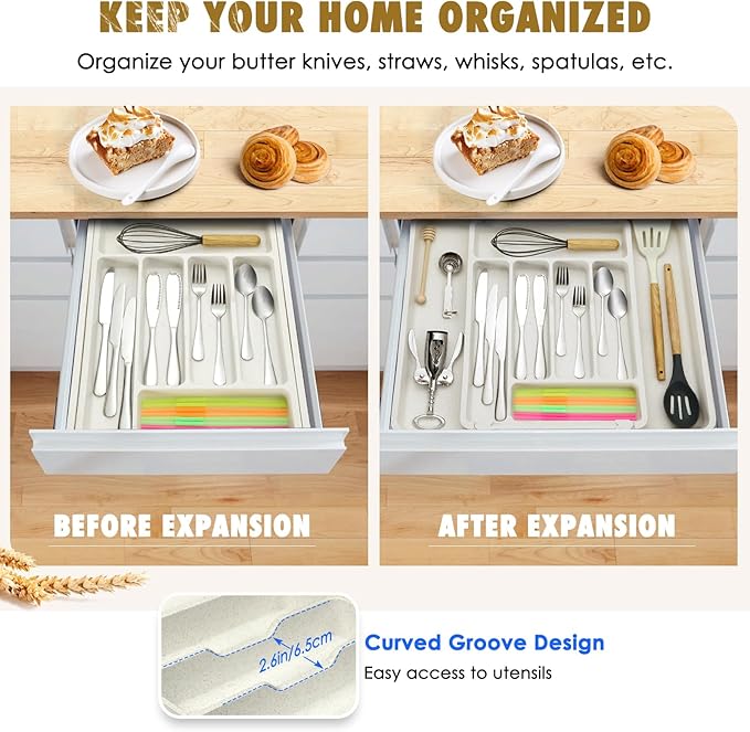 FANCILLA Silverware Organizer for Kitchen Drawers, Wheat Straw Large Expandable Utensil Drawer Organizer, BPA Free Adjustable Cutlery Holder, Dishwasher Safe Flatware Tray, 6-8 Slots (White)