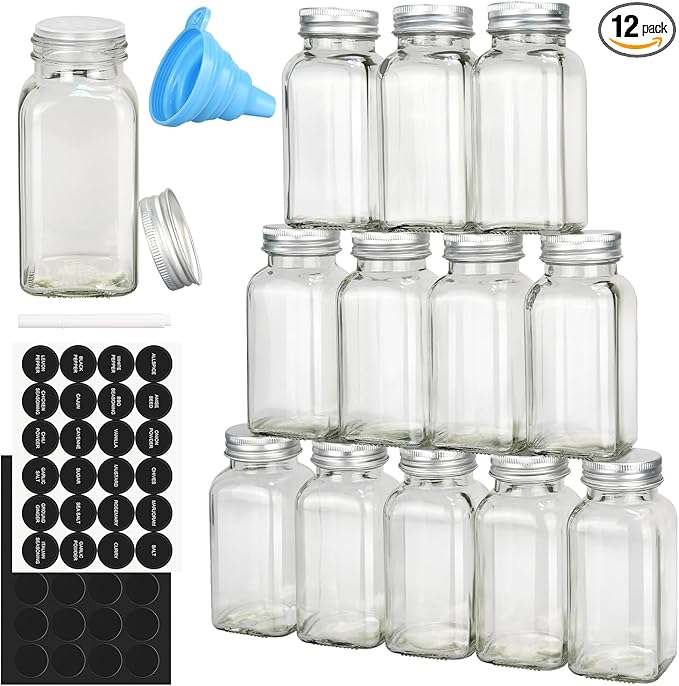 DkOvn 12pcs Glass Spice Jars with Labels, 6oz Empty Spice Jars with Mental Caps, Shaker Lids, Collapsible Funnel, Chalk Pen, Seasoning Organizer for Spice Rack(12pcs 6oz Set)
