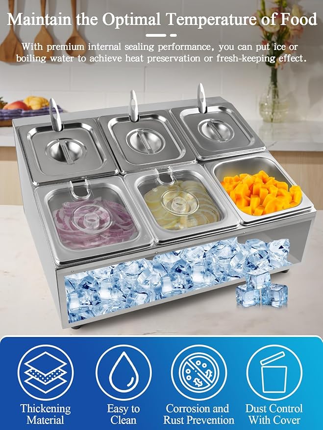 Lanstics 6 Pans Spice Rack Shelf 2 Row Stainless Steel Spice Organizer Stand with Lids Spoons Countertop Inclined Holder Buffet Containers Set for Sauce Jam Fruits Ingredient Kitchen Restaurant Pantry