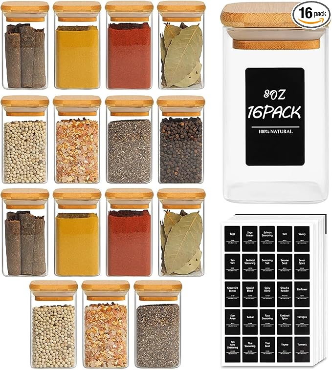ComSaf Spice Jars with Labels 8 oz 16Pack, Small Spice Containers Starter Set, Glass Seasoning Jars with Lids, Square Seasoning Containers for Salt, Pepper, Chili Powder, Sugar, Loose Tea Storage
