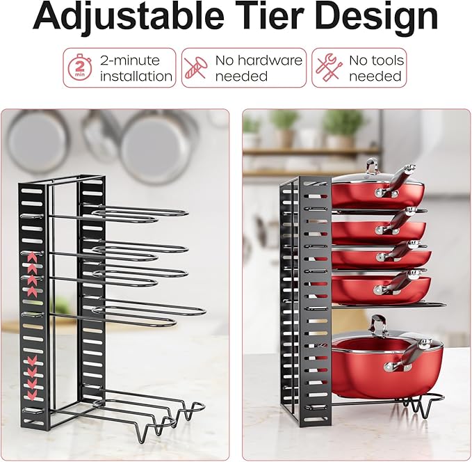 MUDEELA Pots and Pans Organizer for Cabinet 8-Tier Pan Organizer Rack for Cabinet with 3 DIY Methods, Adjustable Pot Organizer Rack for Kitchen Organization & Storage, Cabinet Organizer