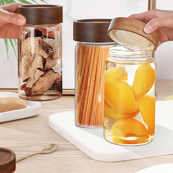 27oz Glass Storage Jars with Airtight Wooden Screw Lid, Set of 2,Coffee Sugar Container Set with Wooden Lid, and 4pack Stainless Steel Measuring Spoons,for Beans, Oatmeal, Sugar and etc