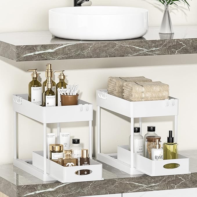 PUILUO 2 Set Under Sink Cabinet Organizer, 2 Tier Storage Under Cabinet Bathroom Under Sink Organizers and Storage Black Under Sink Storage for Bathroom Kitchen