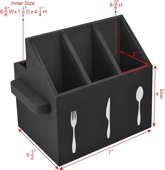 Ikee Design Wooden Utensil Caddy with Handles, Silverware Caddy, Silverware Holder for Countertop,Party,Camping and Kitchen, Organizer, Picnic Cutlery Holders, Black Color