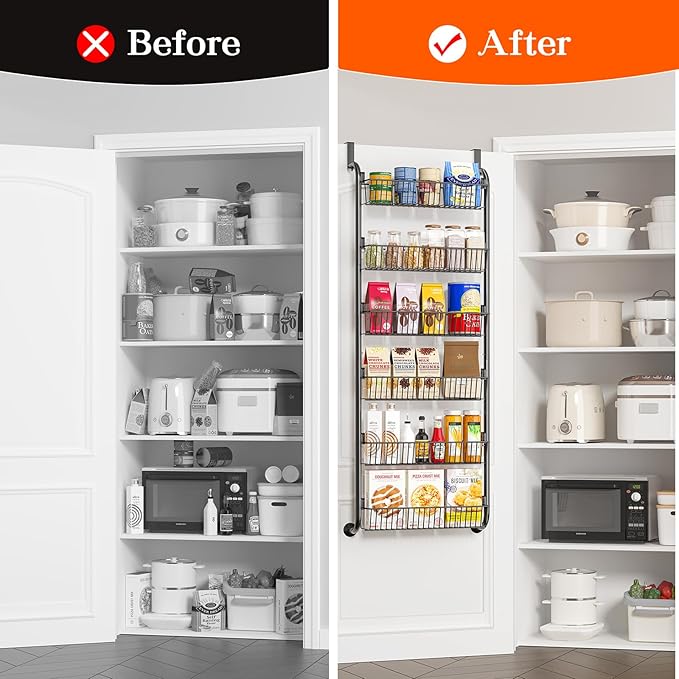 Over The Door Pantry Organizers and Storage, 6-Tier Spice Rack, Home & Kitchen Storage Shelves for Cabinet, Large Capacity Hanging Seasoning Organizer, Laundry Room Organization, Black