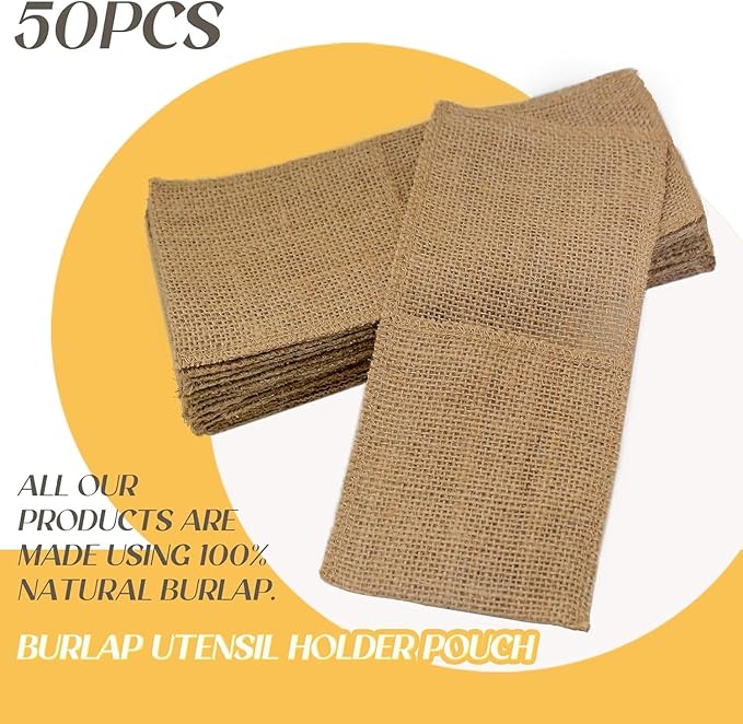 FQTANJU 50 Pcs Burlap Utensils Holders, 4"x8.8" Natural Jute Cutlery Pouch Silverware Holder Knives Forks Spoon Napkin Bag for Rustic Wedding Party Decorations favors
