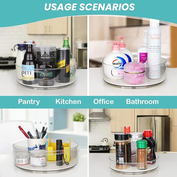 KAGUYA 4 Pack Lazy Susan Organizer, Non-Skid Turntable Organizer for Cabinet, Pantry, Kitchen, Office Countertop, Refrigerator, Cupboard, Bathroom, Clear Organizer Rotating, 8/10/11/12 inch