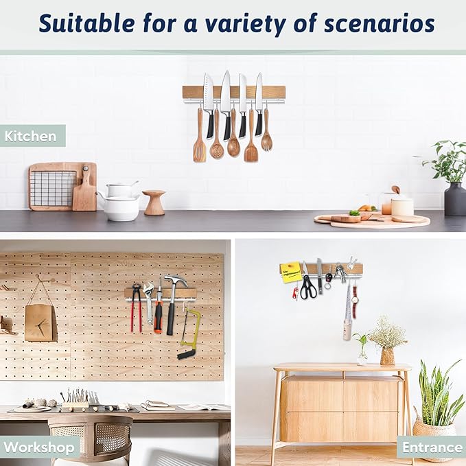 12 Inch Magnetic Knife Holder for Wall - Pailexin Wooden Magnet Knife Strip No Drill with 5 Hooks/Adhesive Tape/Screws, Kitchen Utensil Holder, Magnetic Knife Organizer, Wall Mounted Knife Storage