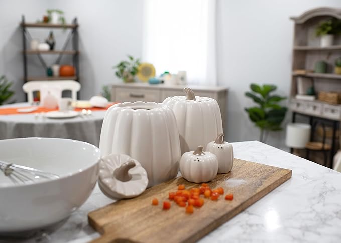 Nat & Jules Pumpkin Shaped 6 x 6 Inch Ceramic Storage Canisters: Perfect for Halloween, Thanksgiving and Indoor Fall Table Décor & Centerpieces - Set of 3, White