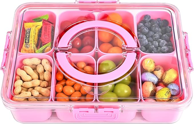 Snackle Box Container, 8 Compartment Divided Serving Tray with Lid and Handle, Snack Box Container for Candy, Fruit and Snacks, Great for Gatherings, Outings, Parties and Entertaining(Pink)