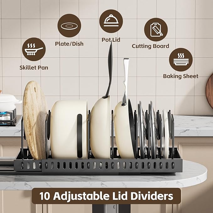 2 Pack Pots and Pans Organizer Under Cabinet, Expandable Pull Out Cabinet Organizer with 10 Adjustable Dividers, Slide Out Pot and Pan Holder for Kitchen Drawers