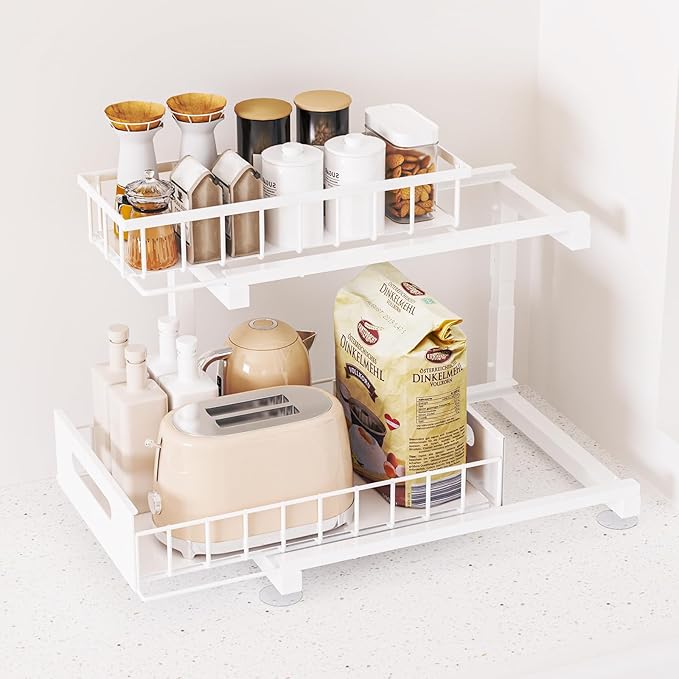 Under Sink Organizer Storage 2-Tier Heavy Duty Metal Pull Out Cabinet Organizer Slide Out Sink Shelf Organizer Height Adjustable, Multi-Purpose Storage Shelf for Kitchen Bathroom (White, 1 Pack)