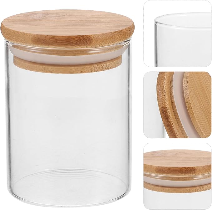iplusmile 4 Pack Glass Food Storage Jars, 200ml/ 7oz Kitchen Containers with Airtight Bamboo Wooden Lids for Cookies, Nuts, Coffee Beans, Cereal, Pantry Organization