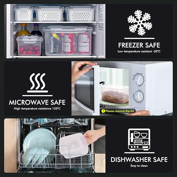 HOTEC 5pcs Large Fruit Storage Container with Removable Colander, Dishwasher & microwave safe Largest 6.2L