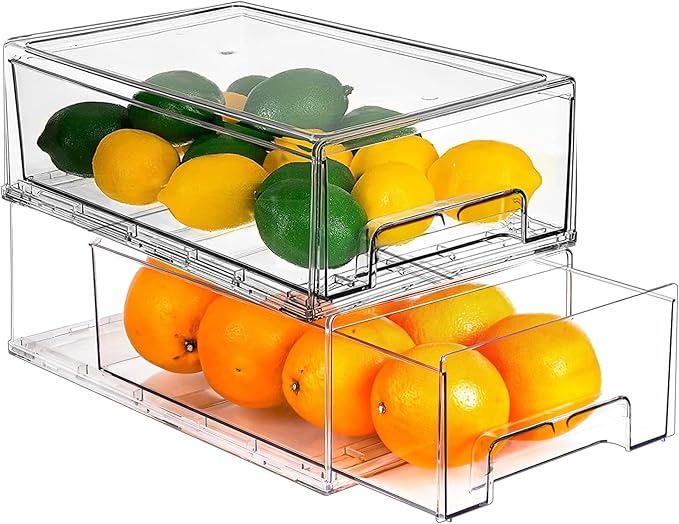 2 Pack Stackable Clear Storage Drawer,Refrigerator Organizers and Storage Drawer Pull Out Drawer for Fridge Kitchen Bathroom Cabinet Closet Office Clear