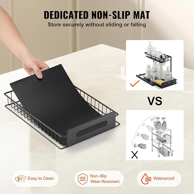 VEVOR 2 Tier Pull Out Cabinet Organizer(10.7" W x 14.2" D), Under Sink Organizer and Storage, Slide Out Drawer Cabinet Organizer, Wire Basket Sliding Shelf Storage for Kitchen Bathroom Cabinet, Black